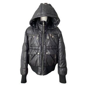 Vintage Apple Bottoms Black Puffer Bomber Jacket Studded Logo Hood Womens 3X Y2K